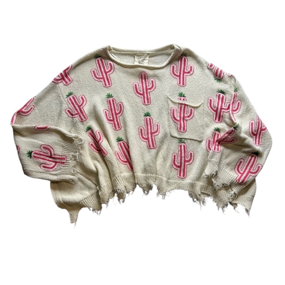 Fantastic Fawn Cream Crop Sweater with Pink Cactus Print